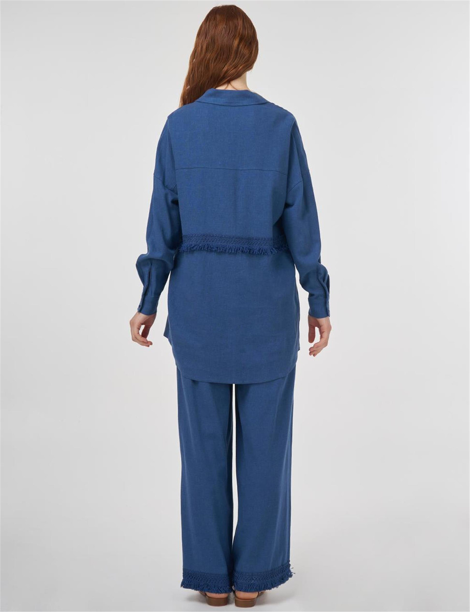 Dantel Garnili Keten Viskon İkili Takım İndigo