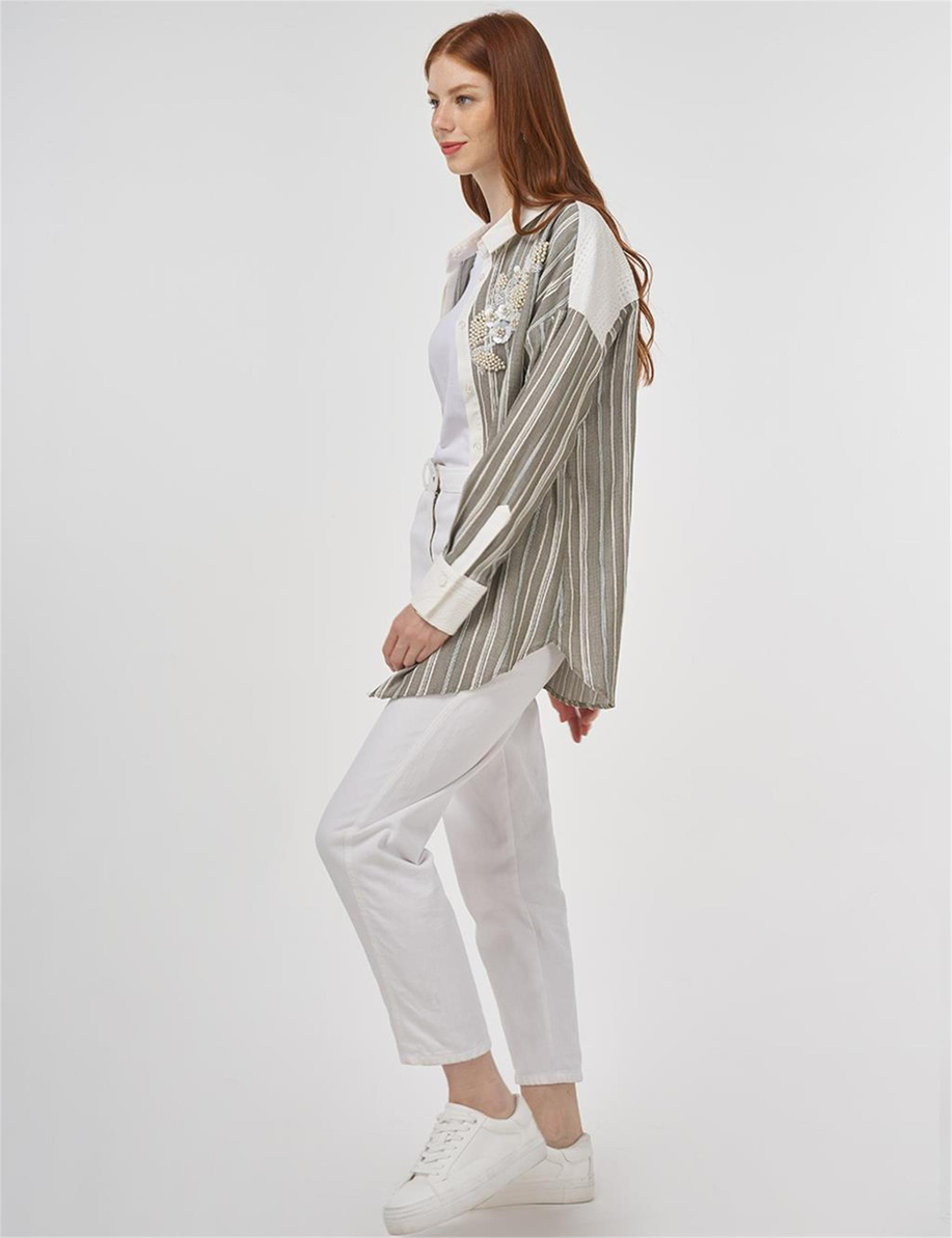 Dantel Garnili Pamuklu Tunik Haki