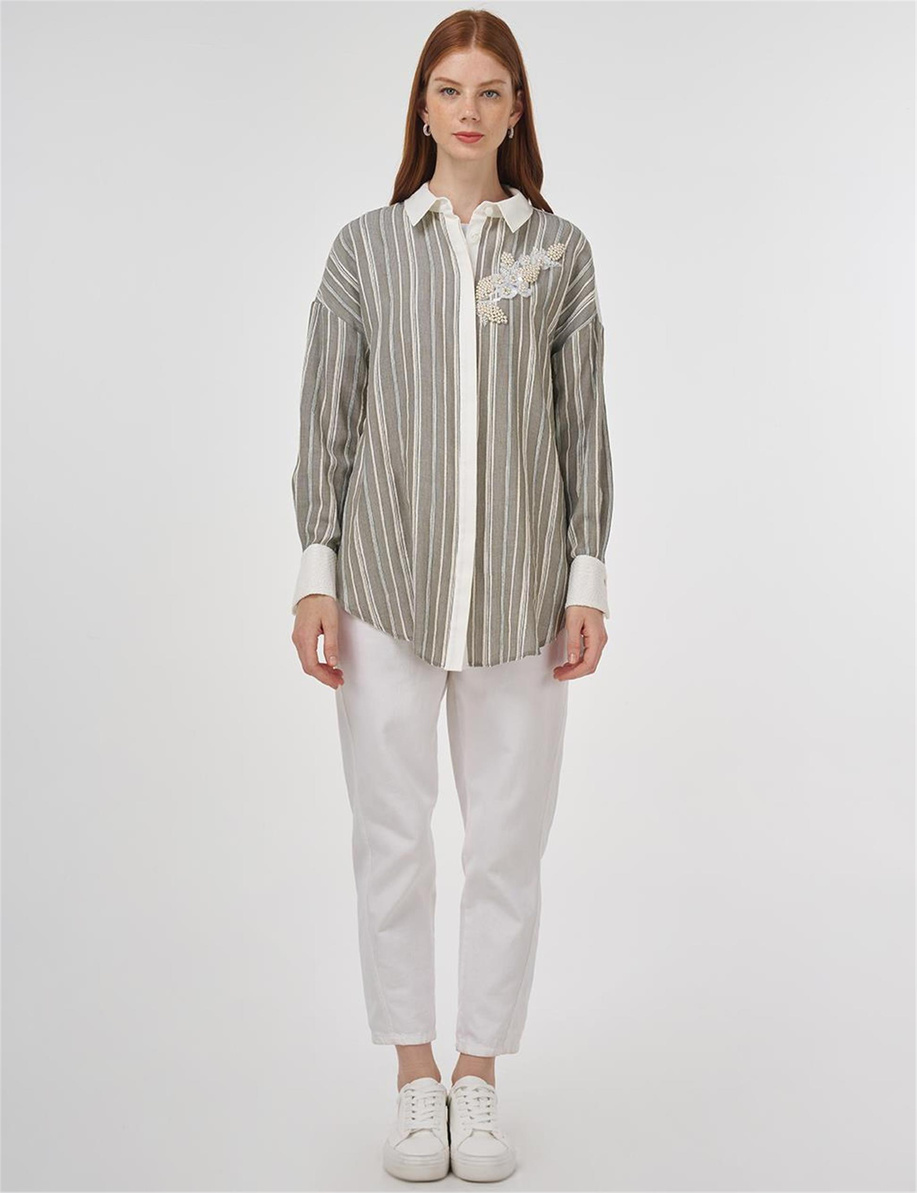 Dantel Garnili Pamuklu Tunik Haki