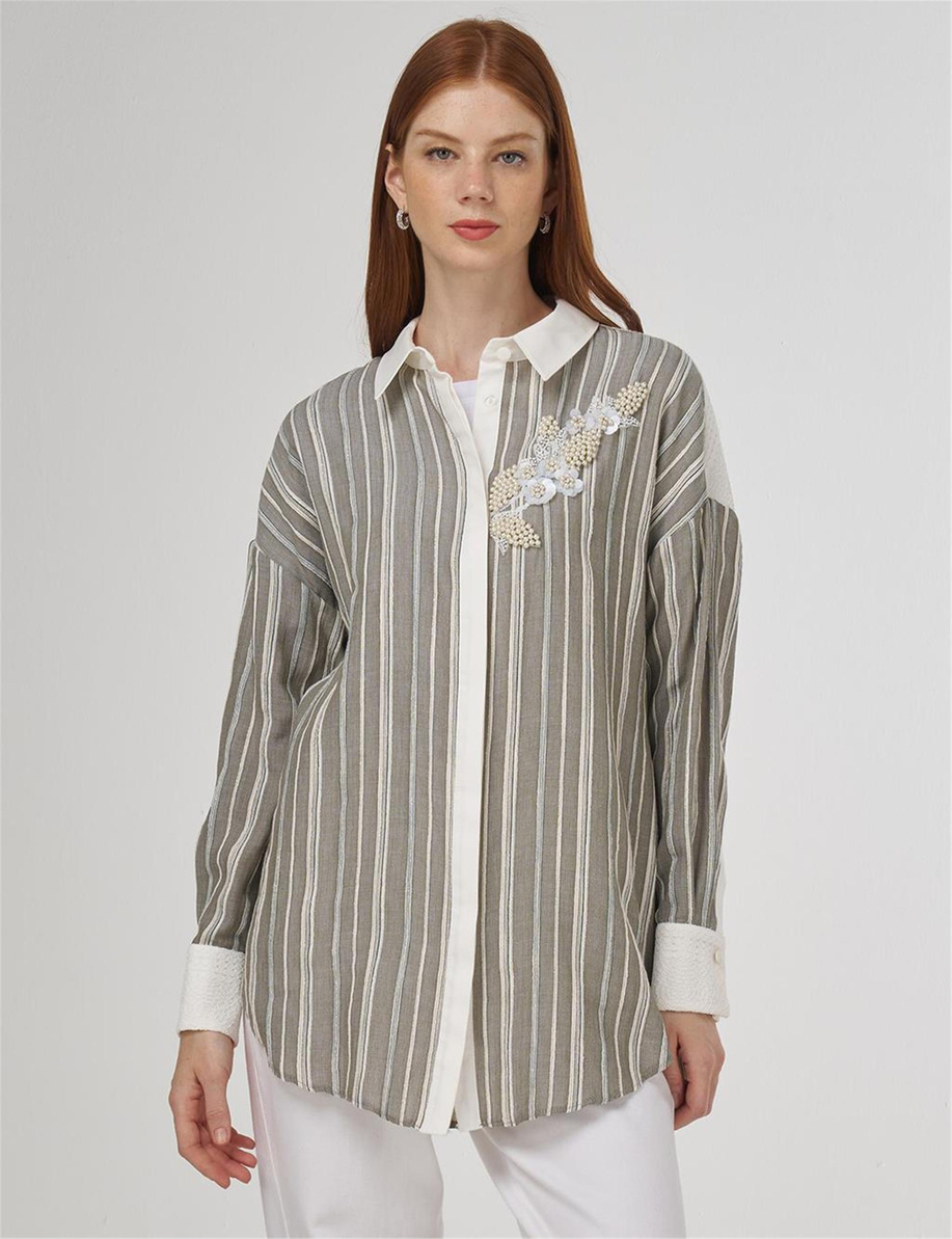 Dantel Garnili Pamuklu Tunik Haki