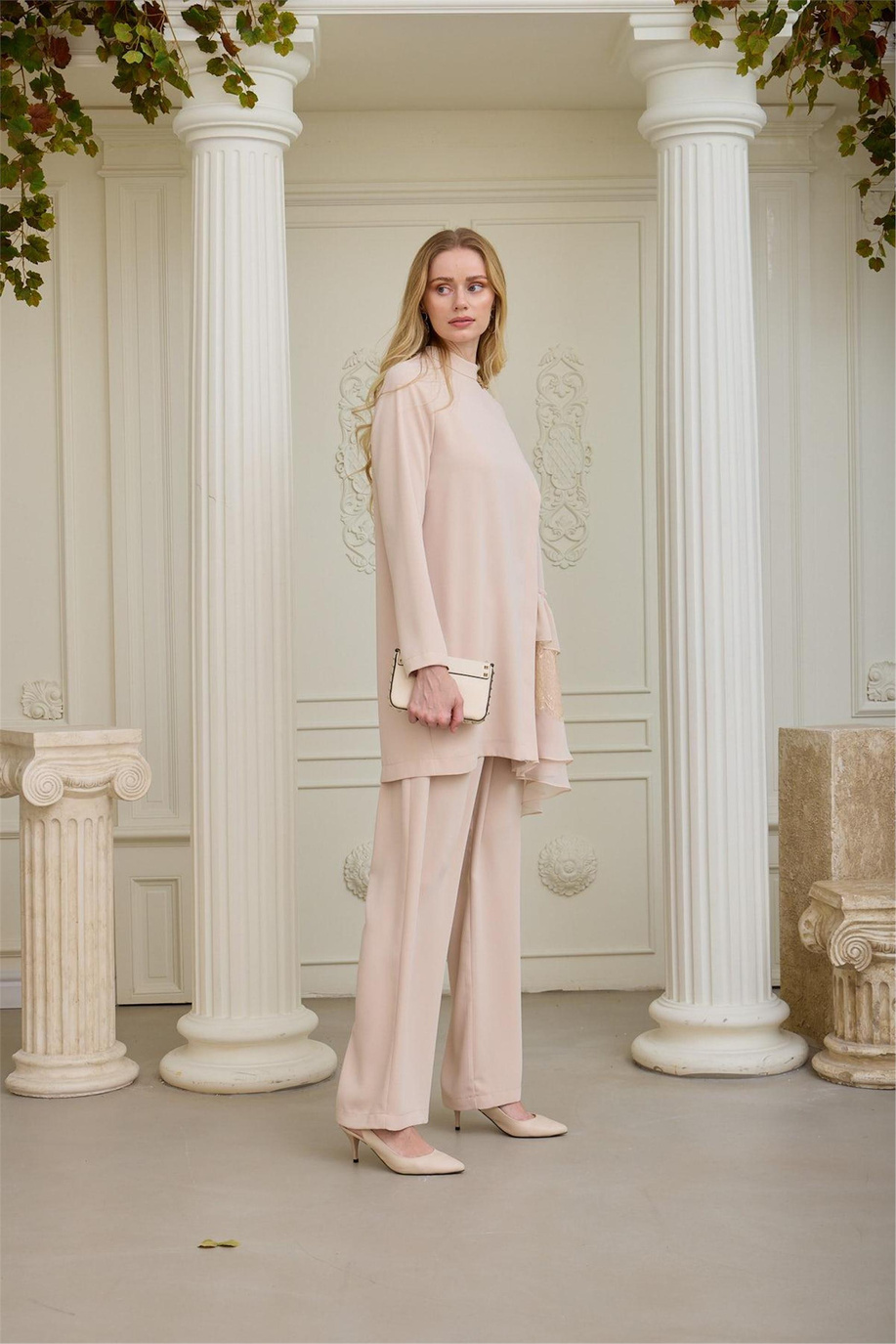 Dantelli Şifon Fırfırlı Takım Bej - 25YMA2427