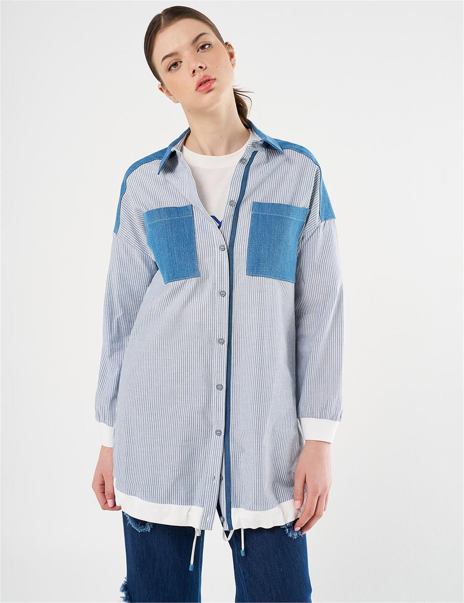 Denim Garnili Çizgi Desen Taç Mavisi Tunik