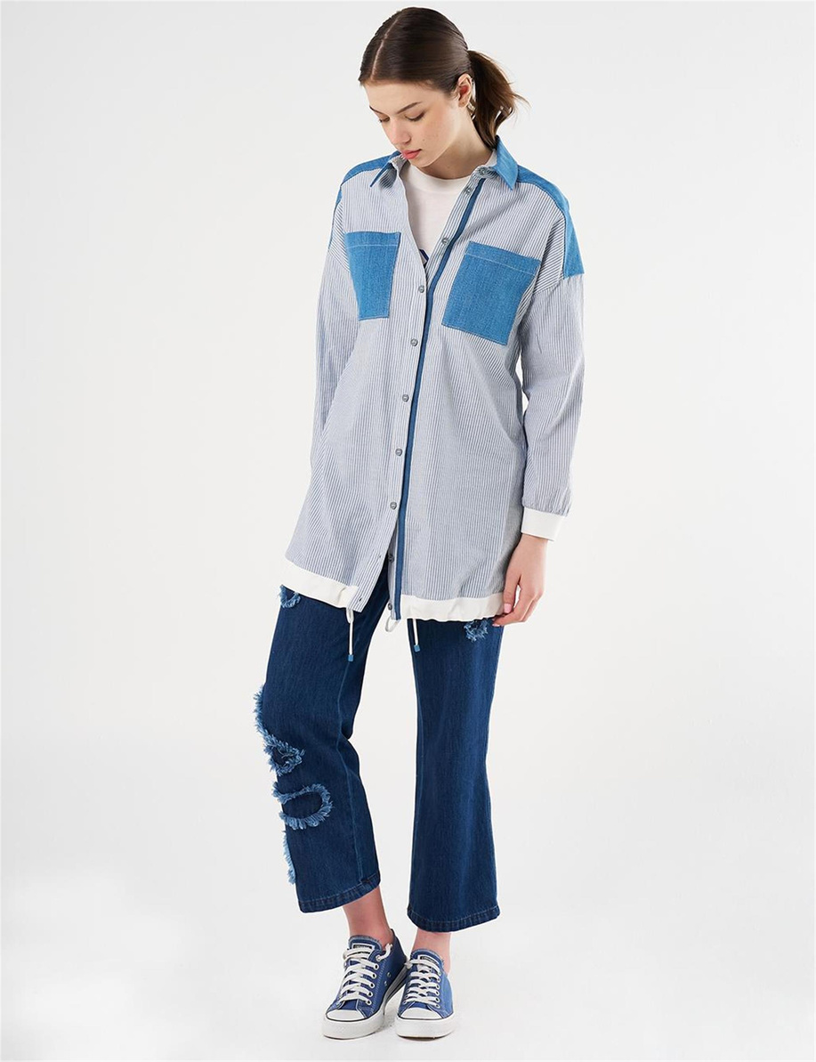 Denim Garnili Çizgi Desen Taç Mavisi Tunik