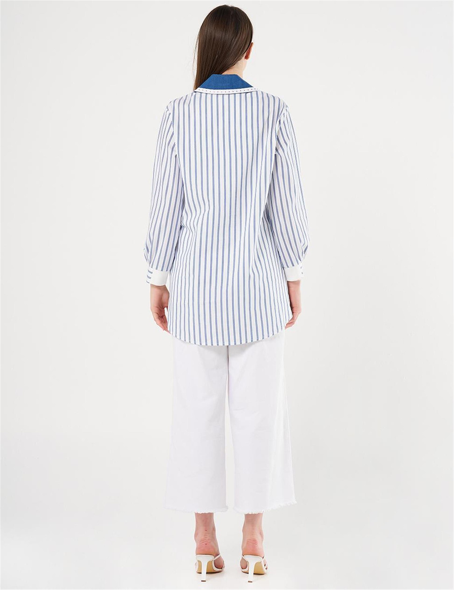 Denim Garnili Çizgi Desen Tunik Lacivert