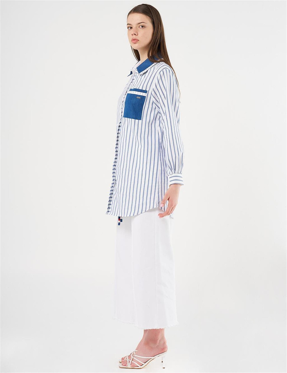 Denim Garnili Çizgi Desen Tunik Lacivert