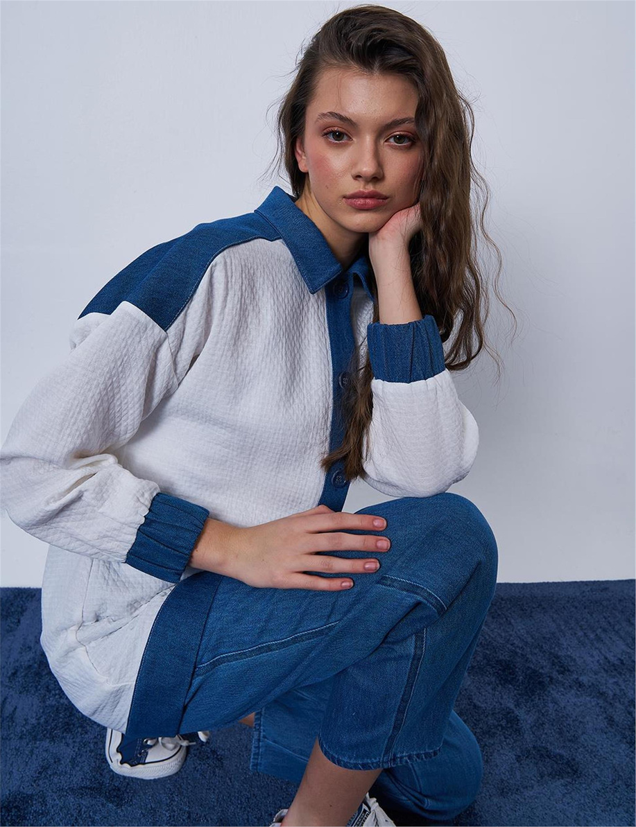 Denim Garnili Gofreli Ekru Ceket