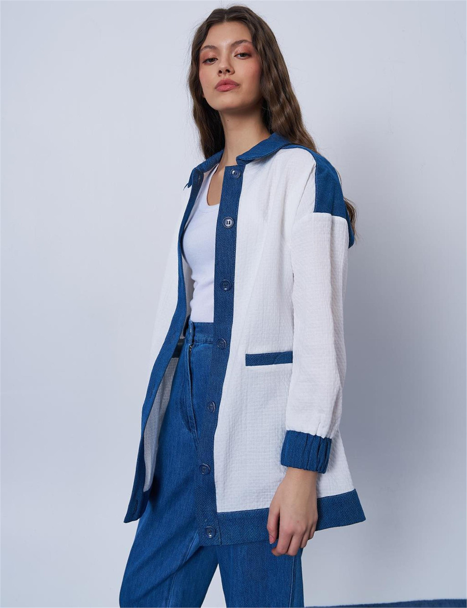 Denim Garnili Gofreli Ekru Ceket