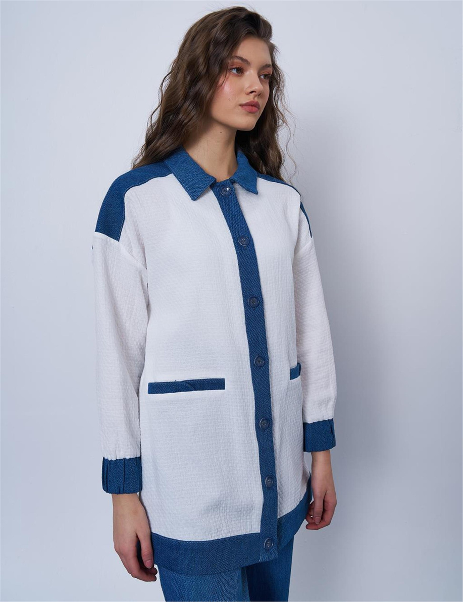 Denim Garnili Gofreli Ekru Ceket