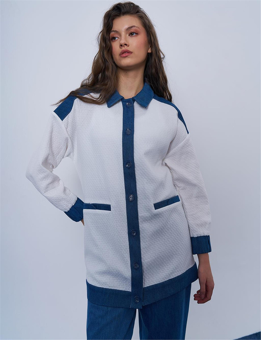 Denim Garnili Gofreli Ekru Ceket