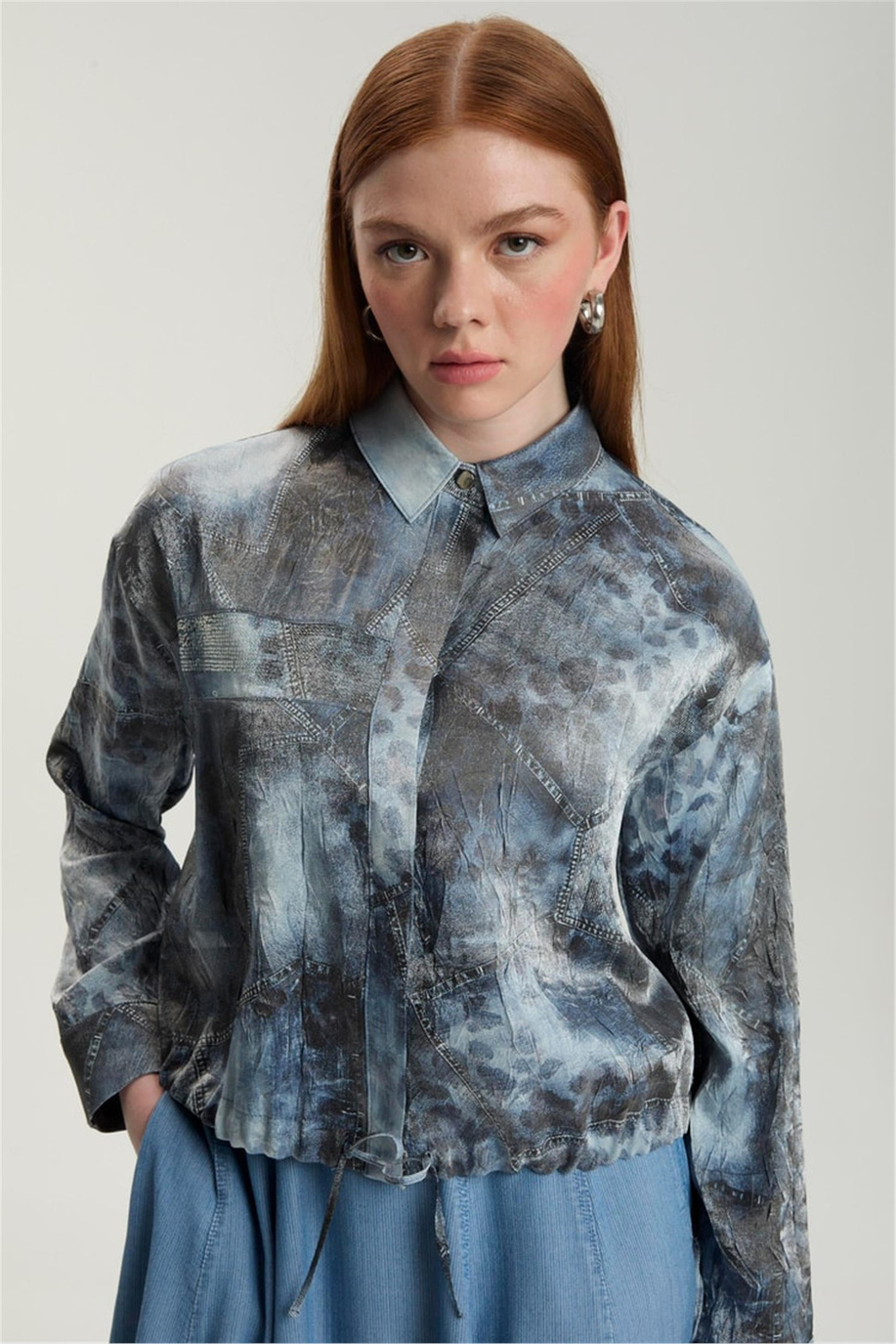 Desenli Ceket Etek Tencel Takım Mavi - 25YZ1575