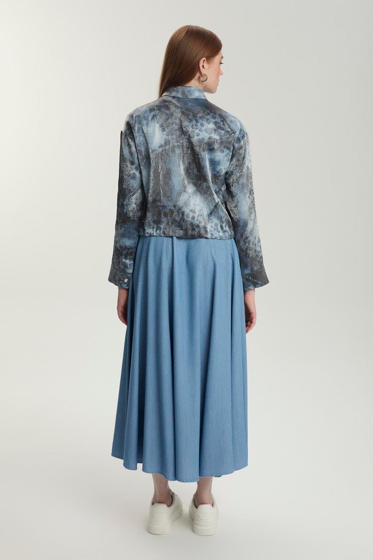Desenli Ceket Etek Tencel Takım Mavi - 25YZ1575