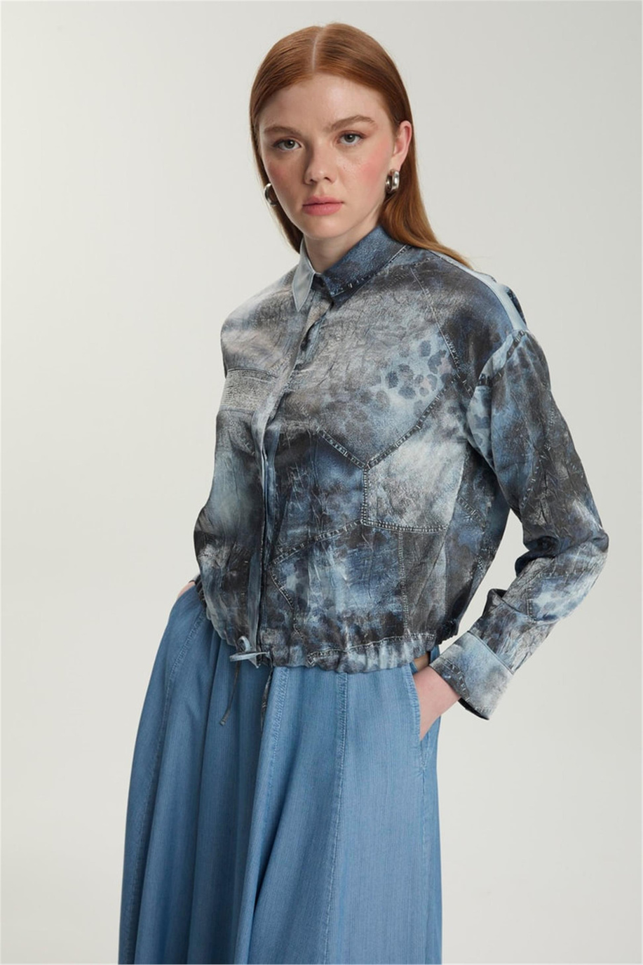 Desenli Ceket Etek Tencel Takım Mavi - 25YZ1575