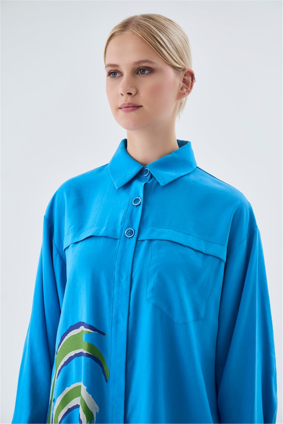 Desenli Düğmeli Takım Turkuaz - 25YZ1454