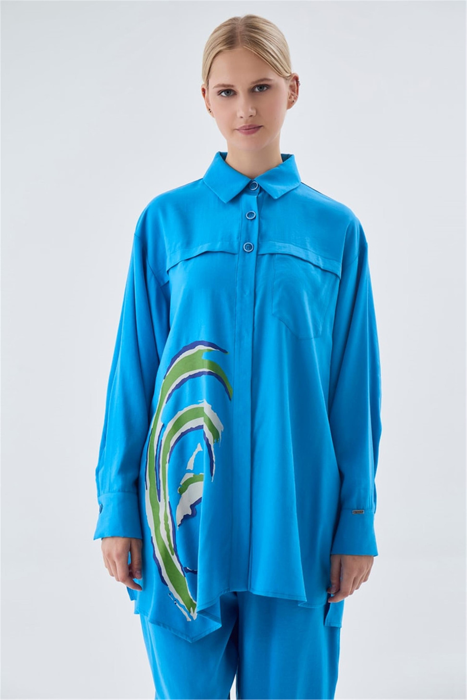 Desenli Düğmeli Takım Turkuaz - 25YZ1454