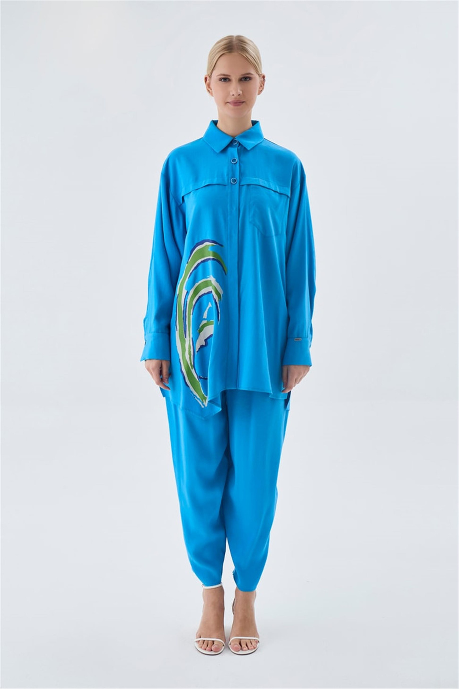 Desenli Düğmeli Takım Turkuaz - 25YZ1454