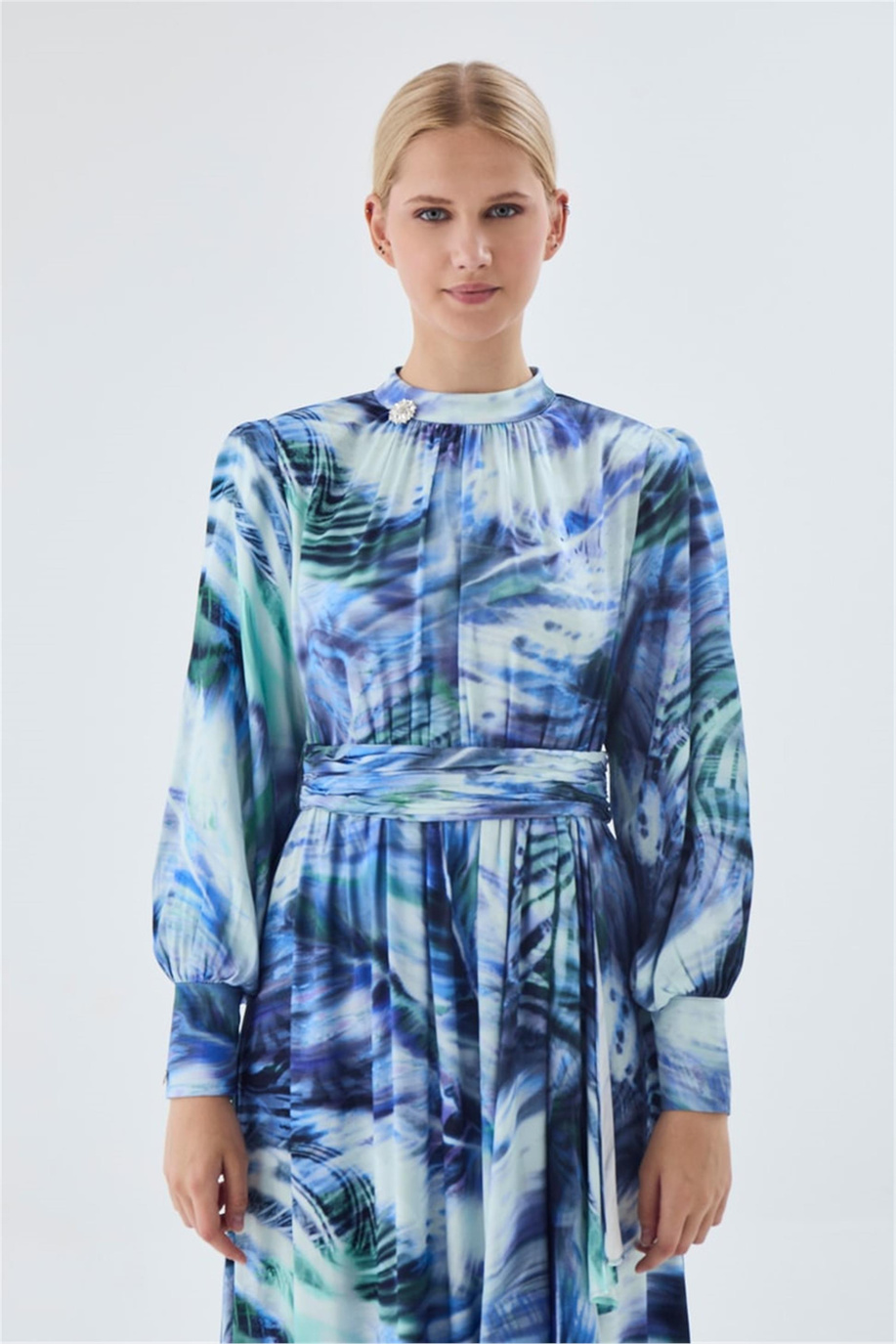 Desenli Elbise Mavi - 25YZ0455