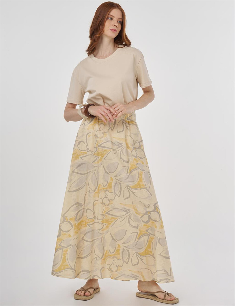 Desenli Pamuk Keten Kloş Etek Krem