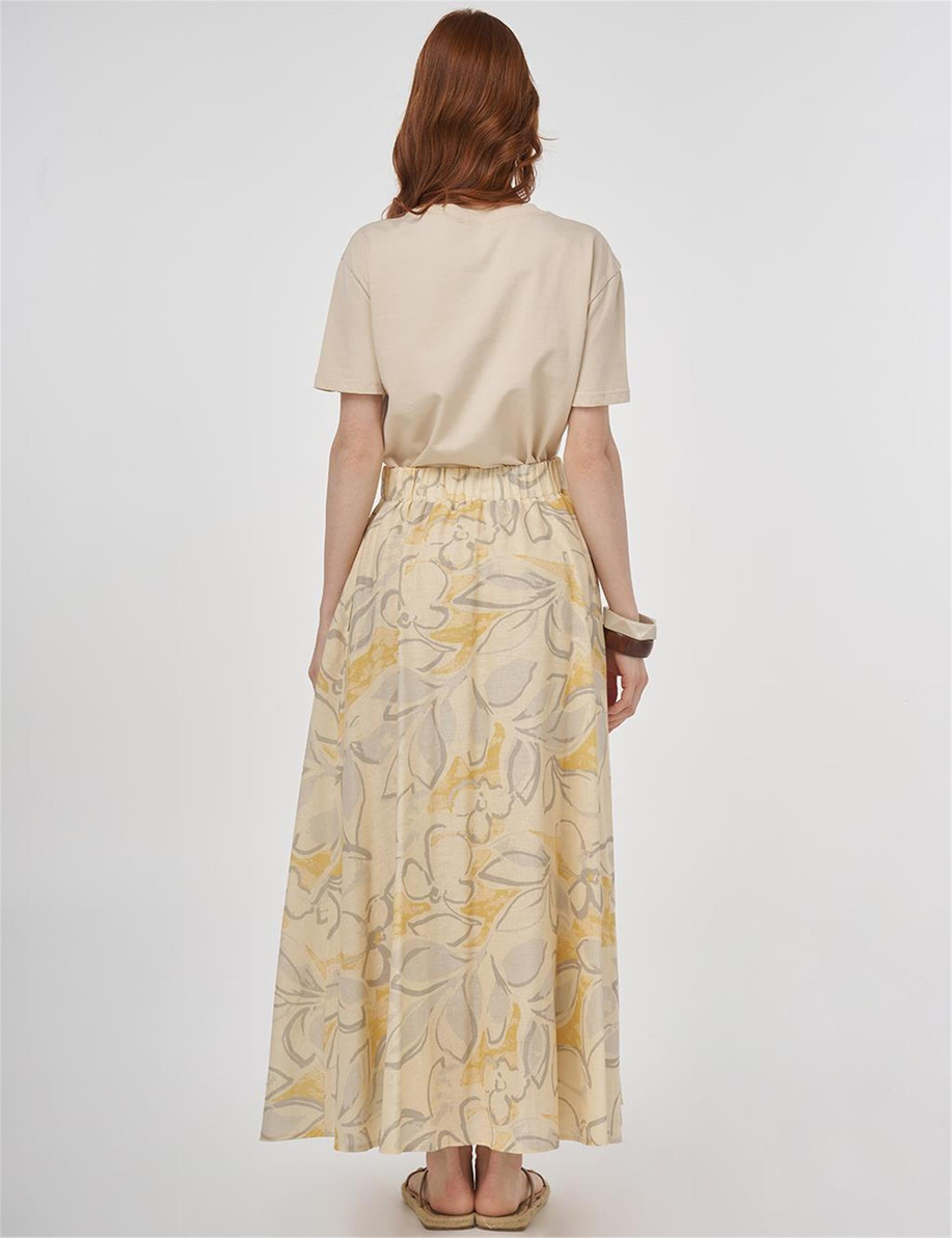 Desenli Pamuk Keten Kloş Etek Krem