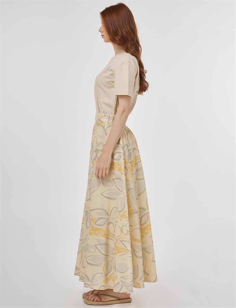 Desenli Pamuk Keten Kloş Etek Krem