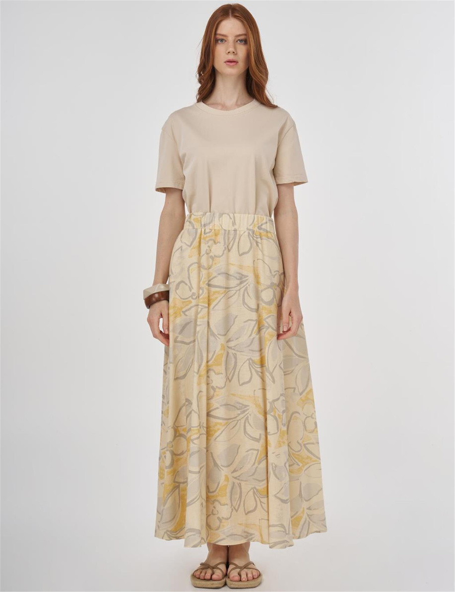 Desenli Pamuk Keten Kloş Etek Krem