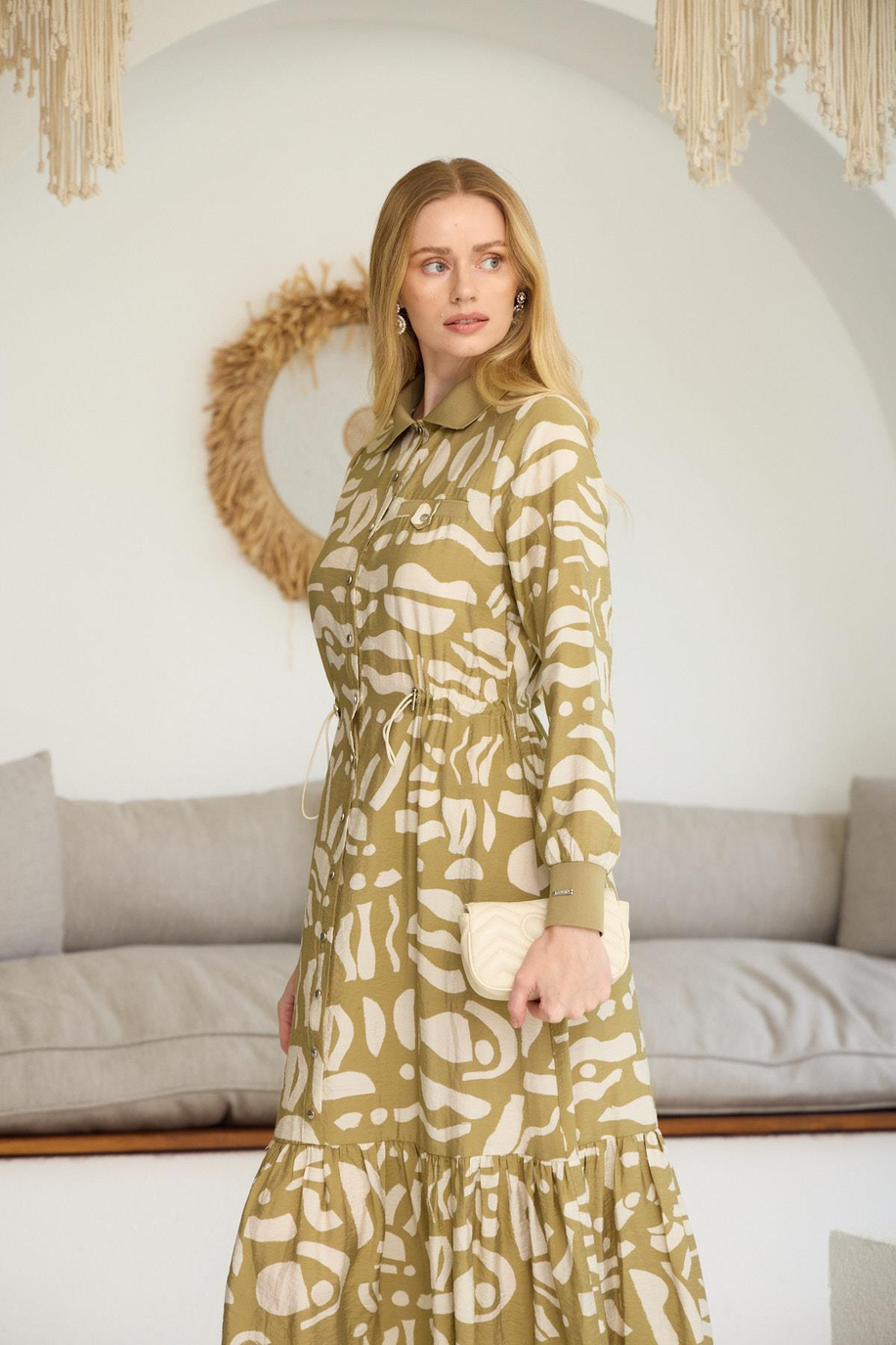 Desenli Ribanalı Cupra Oliv Elbise
