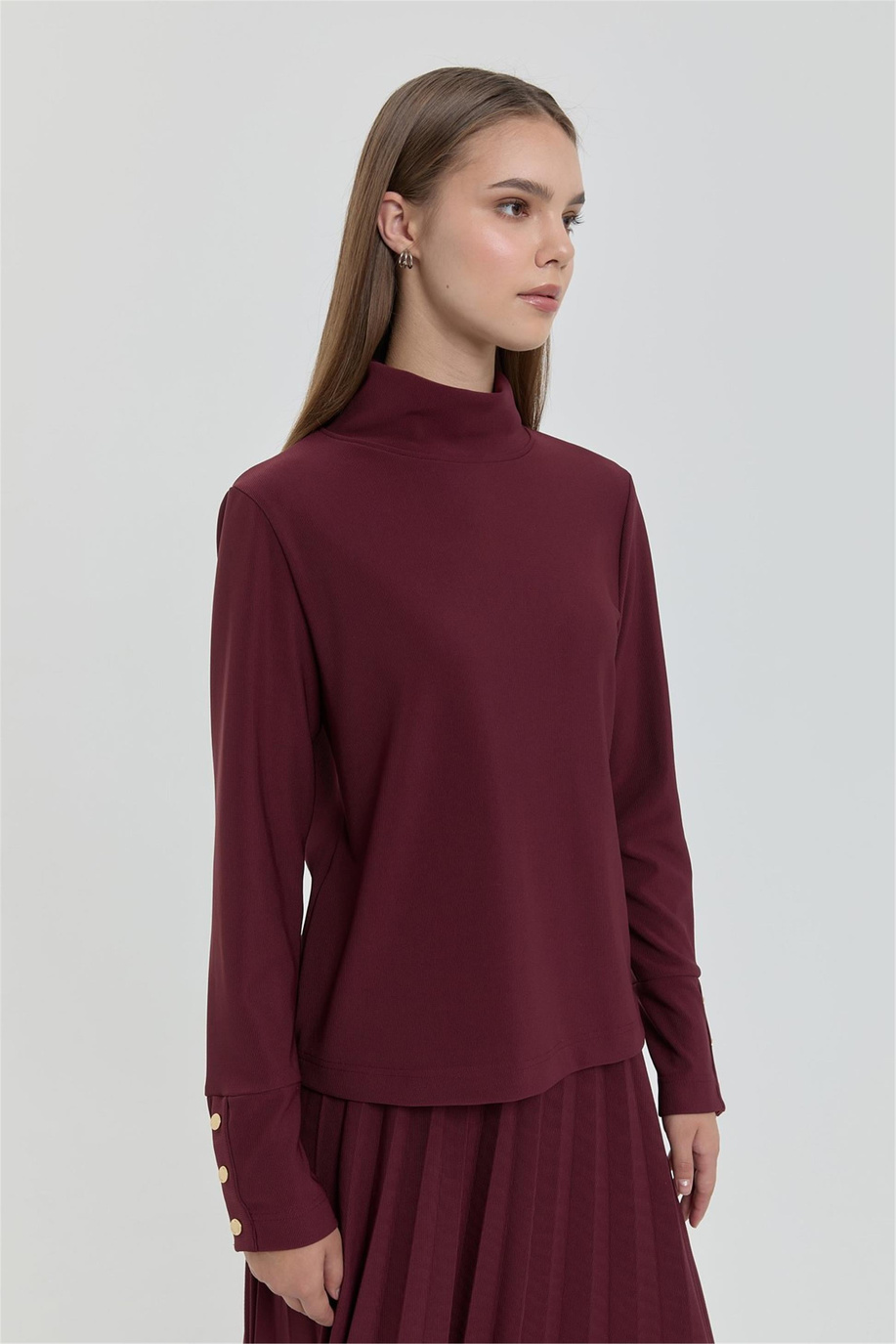 Dik Yaka Örme Basic Bluz Bordo
