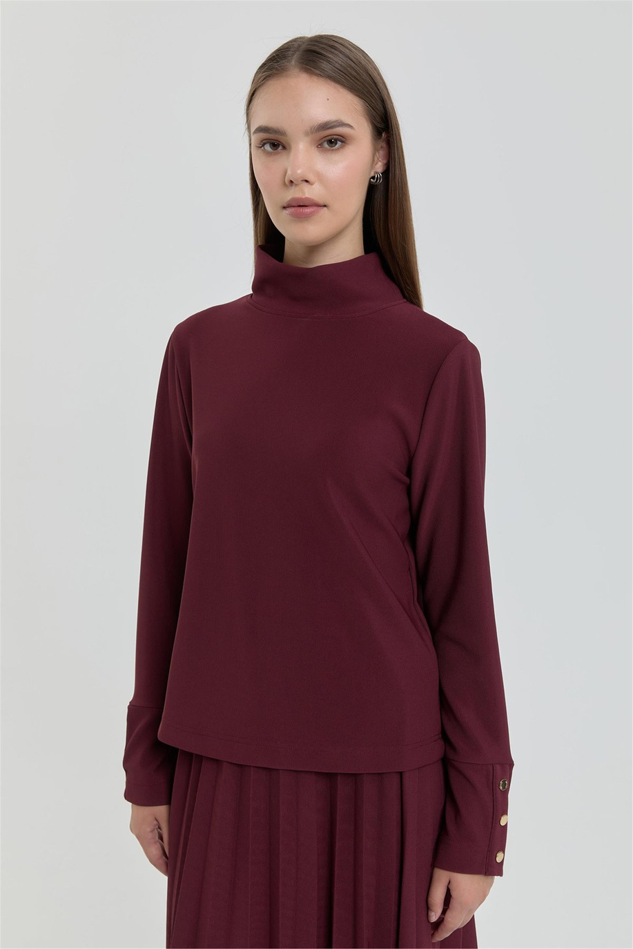 Dik Yaka Örme Basic Bluz Bordo