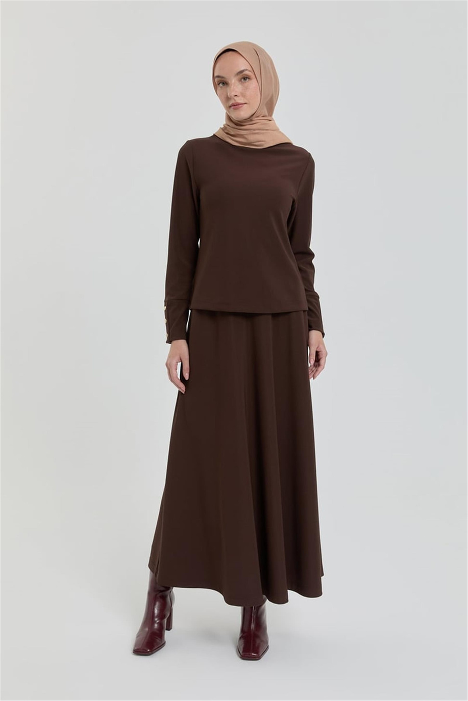 Dik Yaka Örme Basic Bluz Kahve