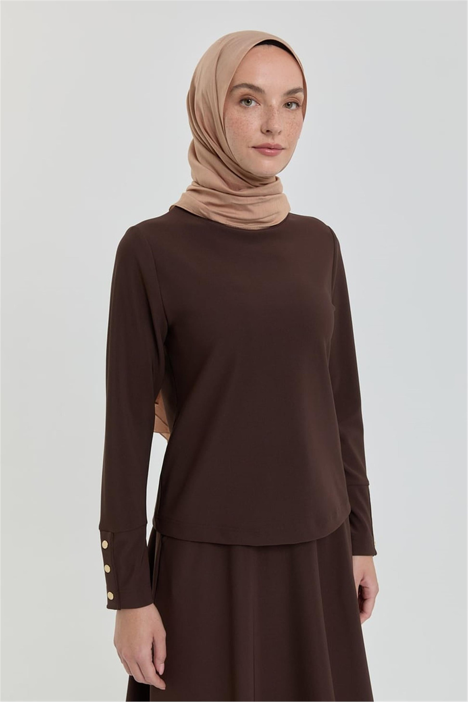 Dik Yaka Örme Basic Bluz Kahve