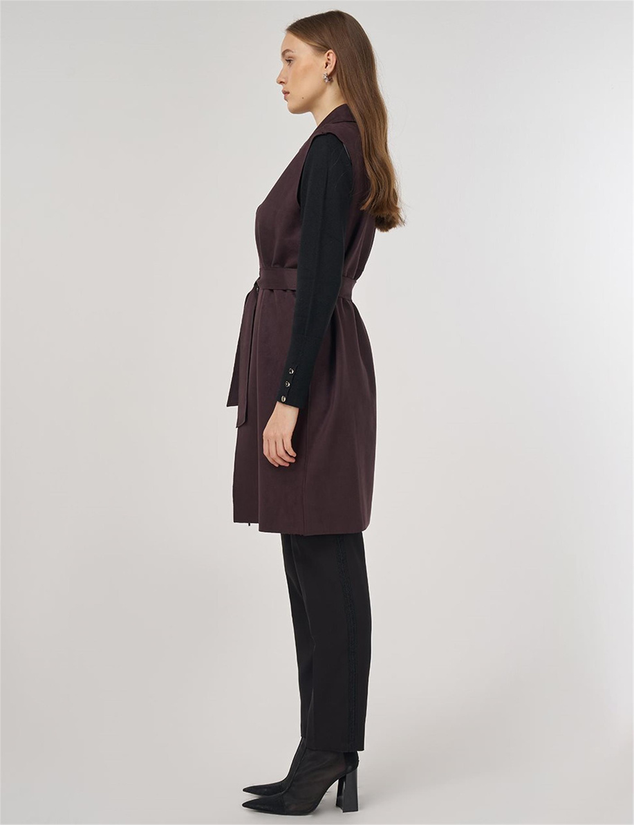 Dikiş Detaylı Süet Yelek Kahve