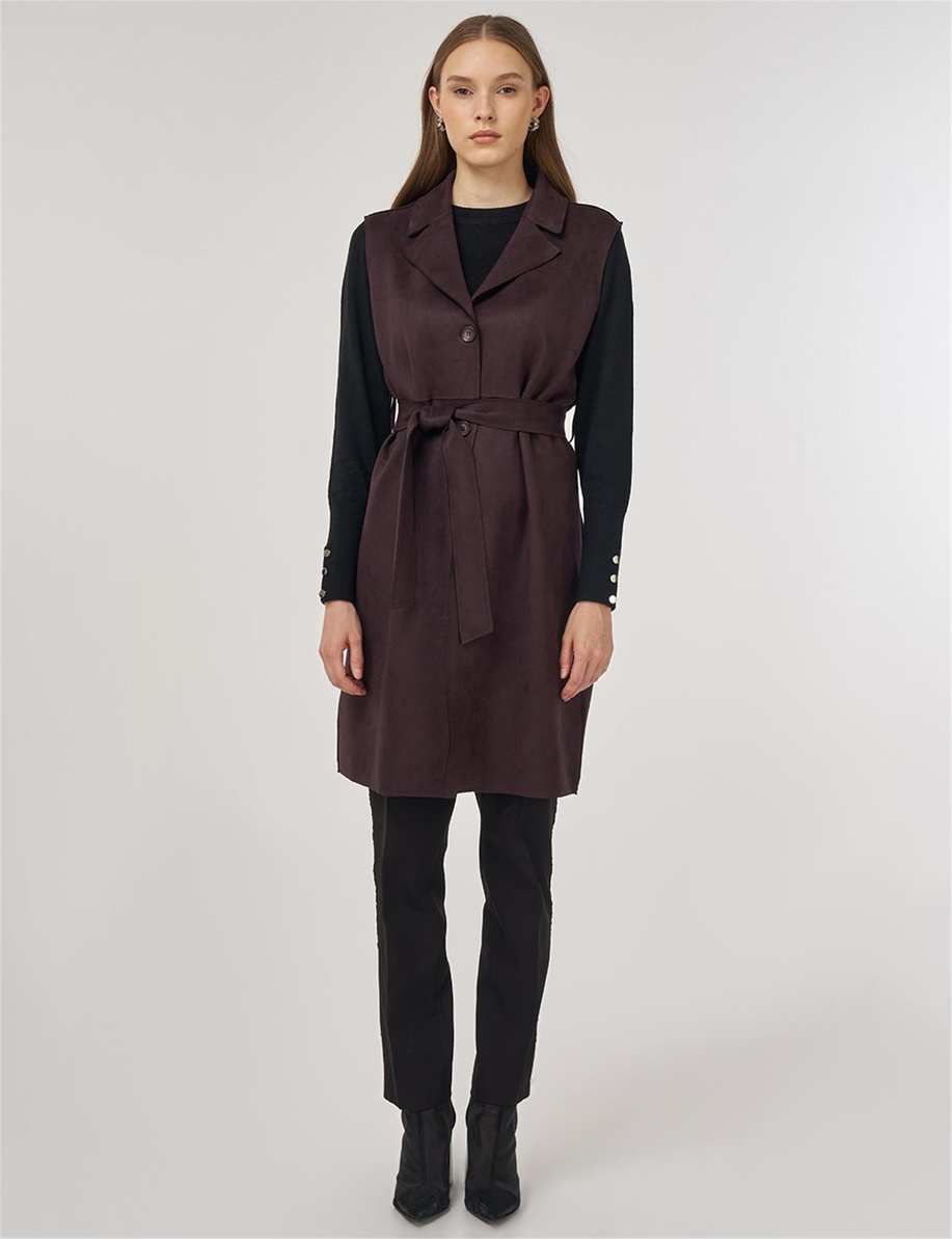 Dikiş Detaylı Süet Yelek Kahve