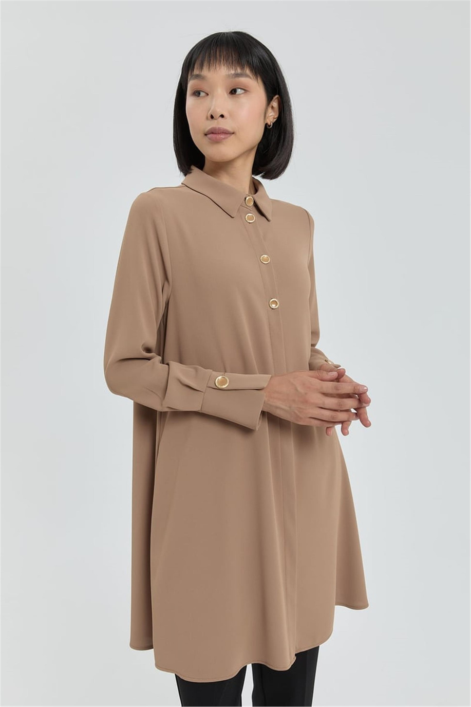 Düğme Detaylı Gömlek Yaka Tunik Camel