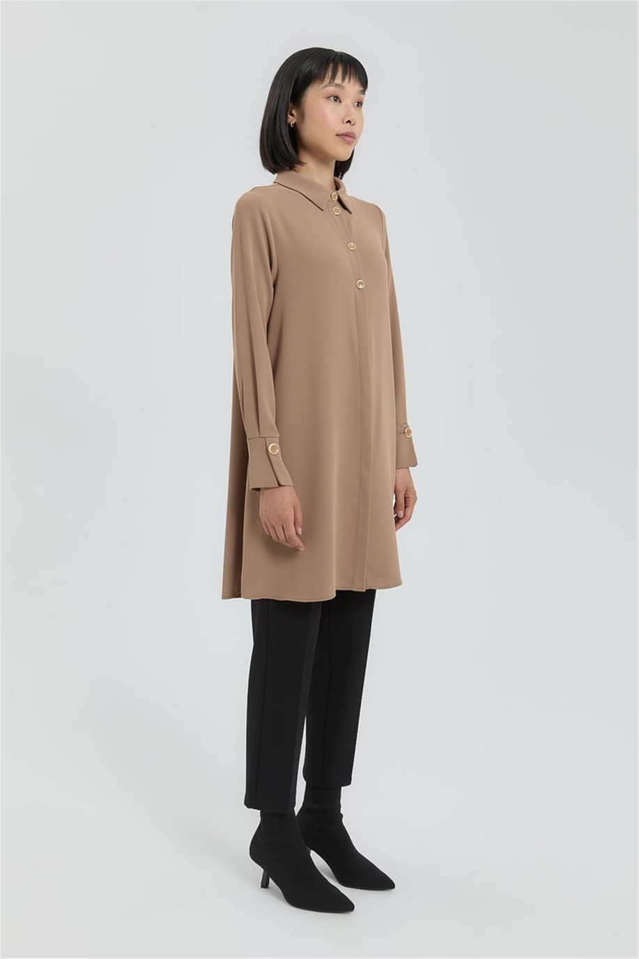 Düğme Detaylı Gömlek Yaka Tunik Camel