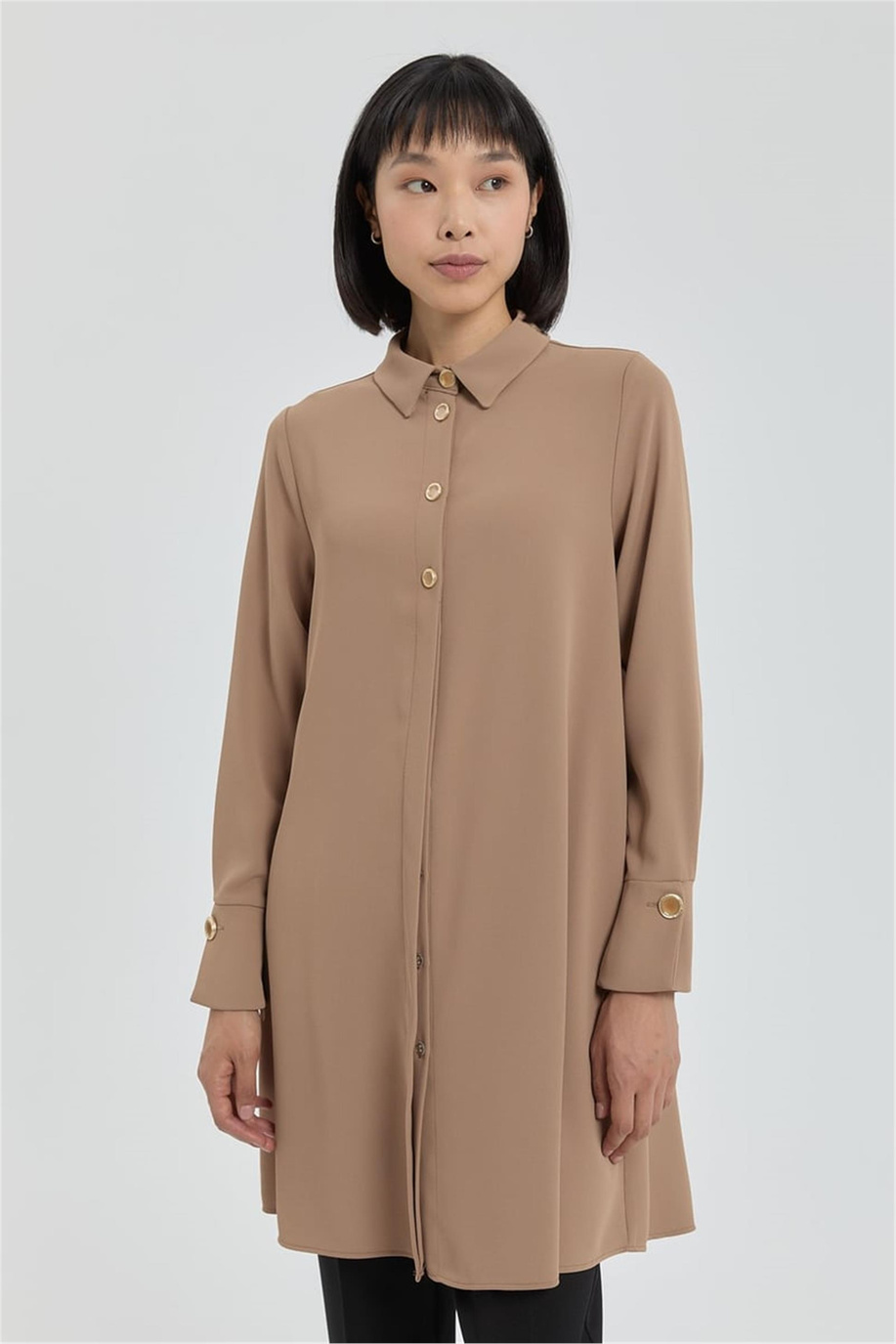 Düğme Detaylı Gömlek Yaka Tunik Camel