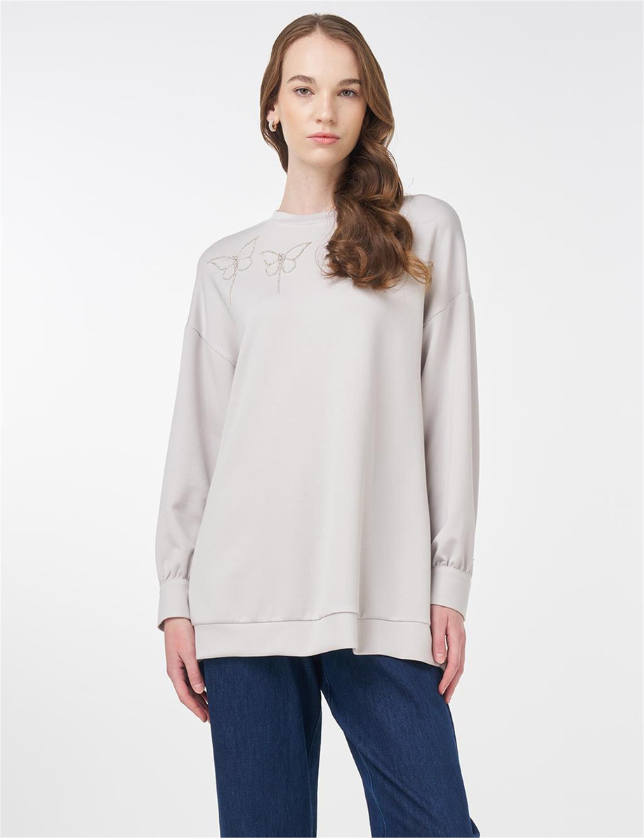 Düğme Detaylı Scuba Sweatshirt Açık Gri