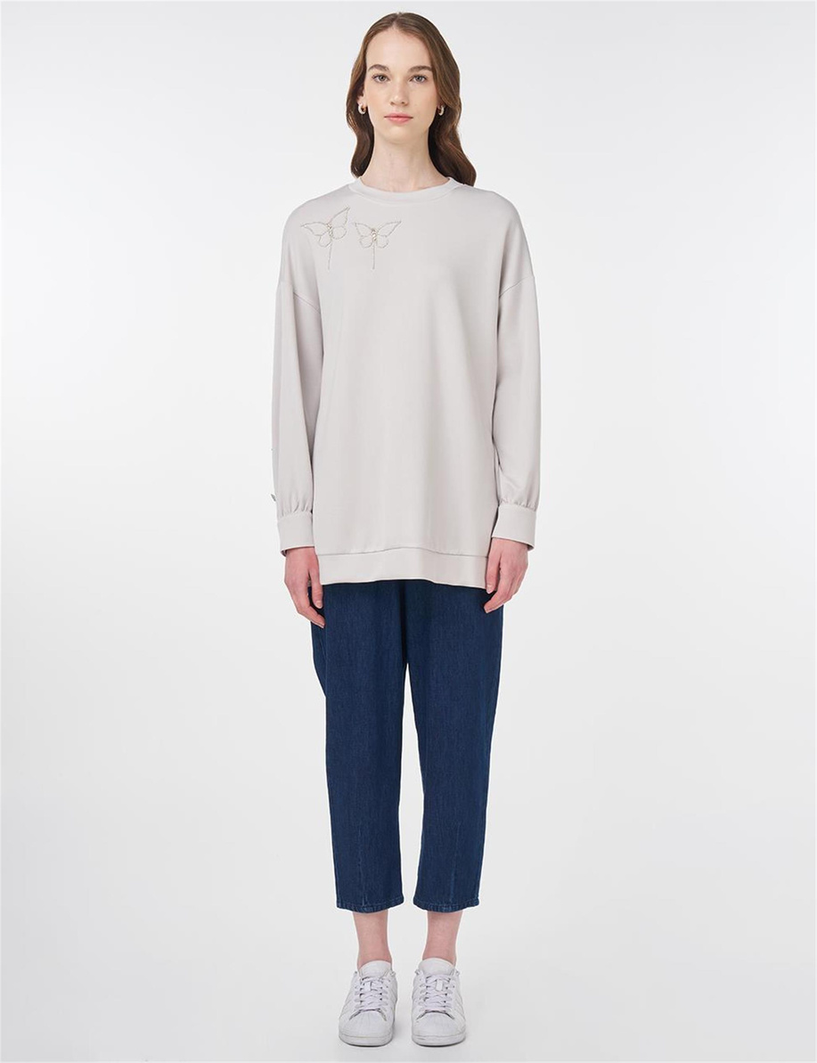 Düğme Detaylı Scuba Sweatshirt Açık Gri