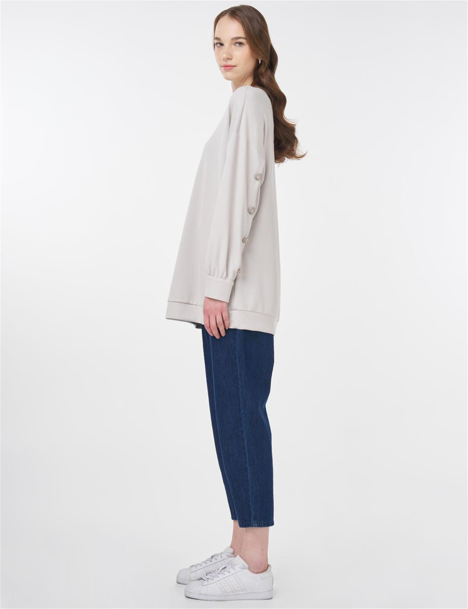 Düğme Detaylı Scuba Sweatshirt Açık Gri