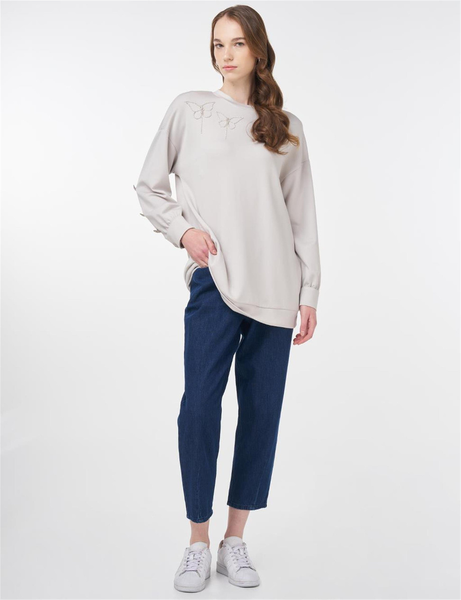 Düğme Detaylı Scuba Sweatshirt Açık Gri