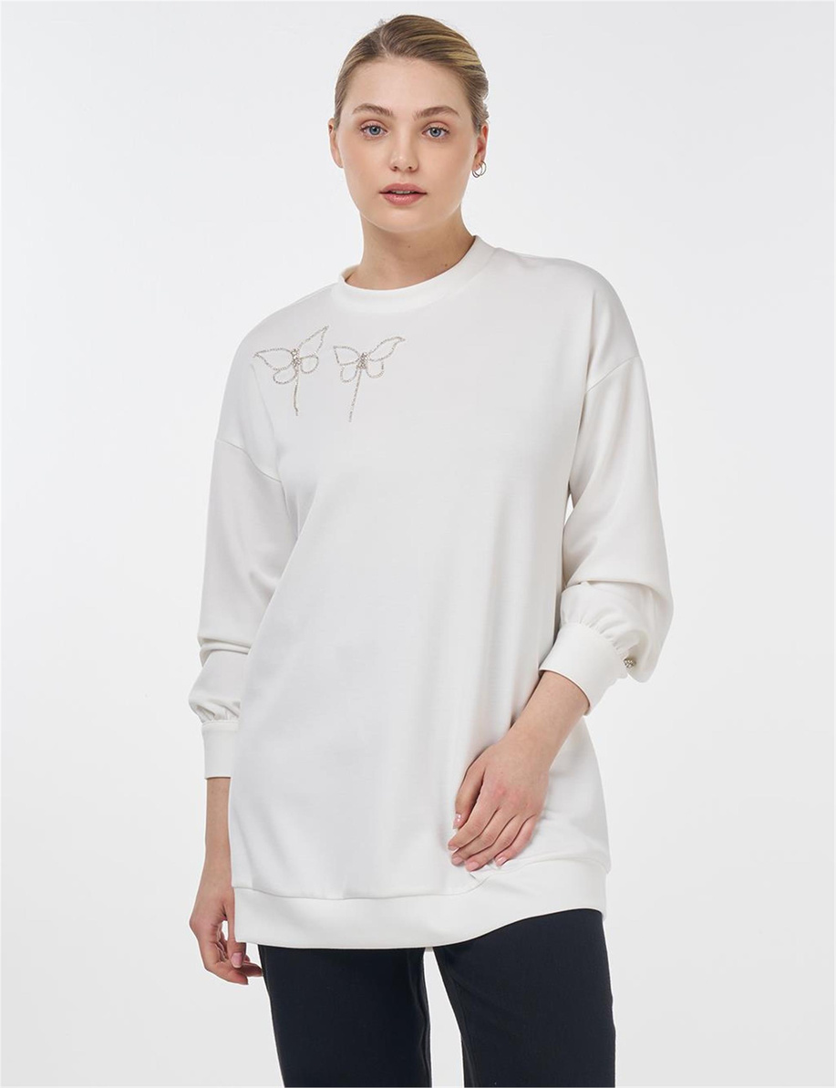 Düğme Detaylı Scuba Sweatshirt Ekru