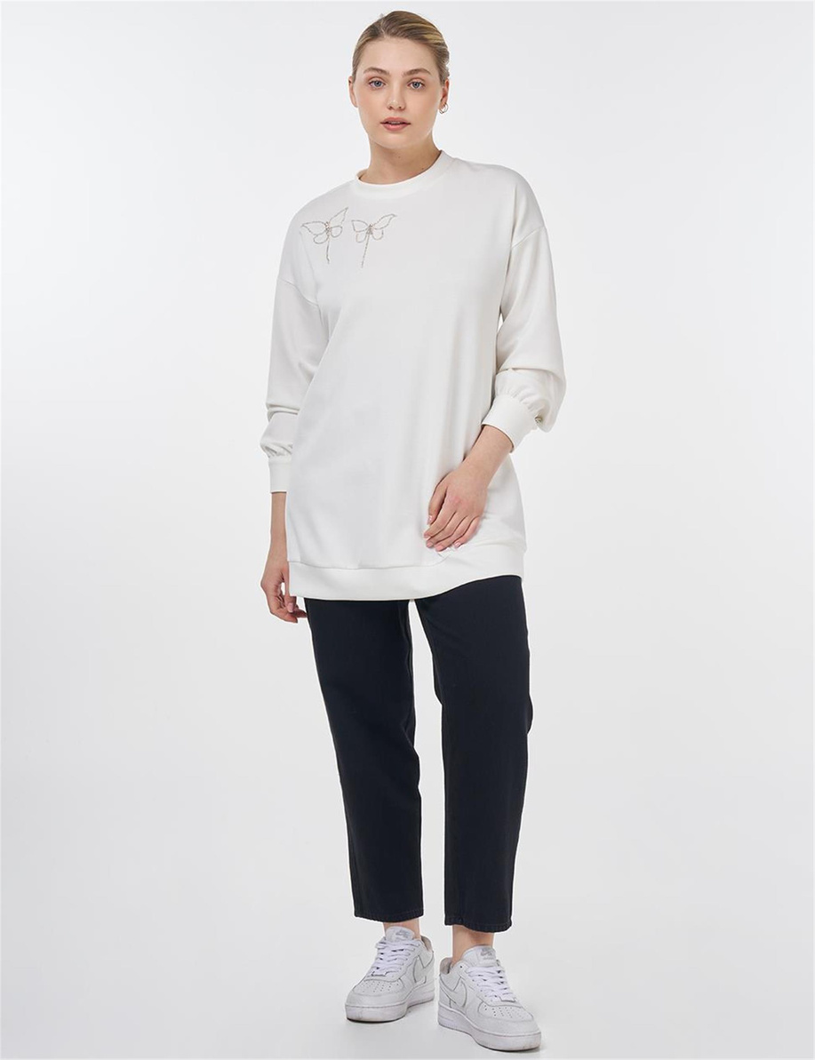 Düğme Detaylı Scuba Sweatshirt Ekru