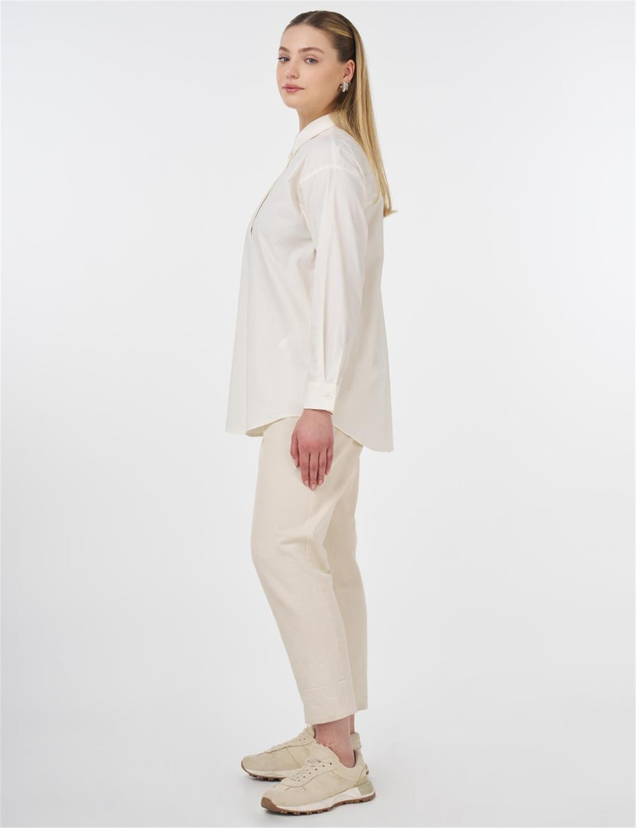 Düğmeli Poplin Gömlek Ekru