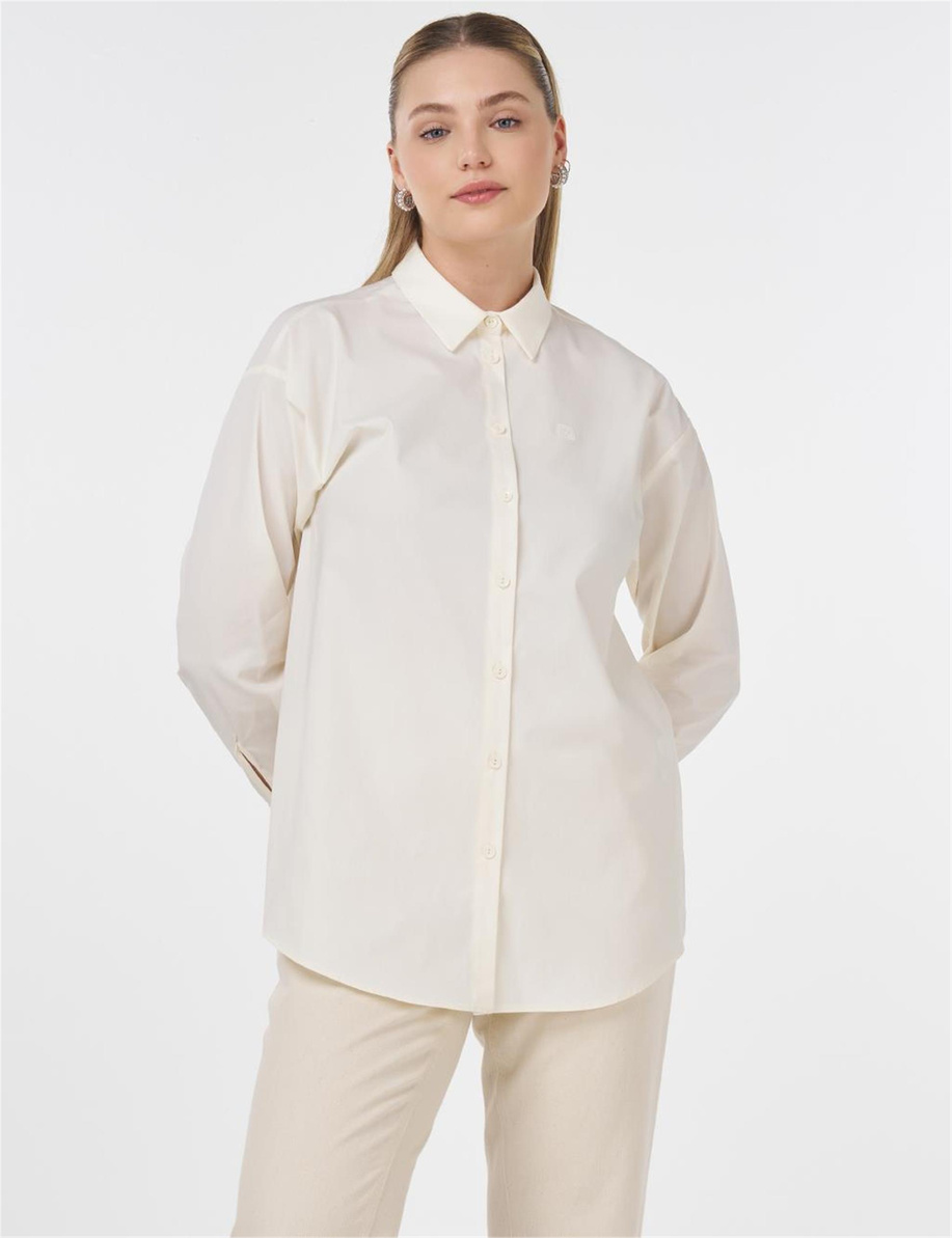 Düğmeli Poplin Gömlek Ekru