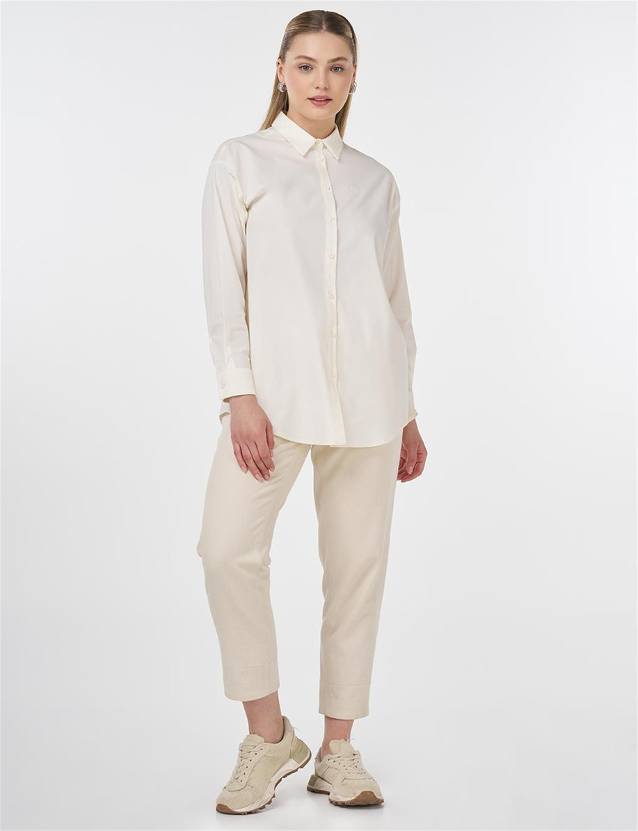 Düğmeli Poplin Gömlek Ekru