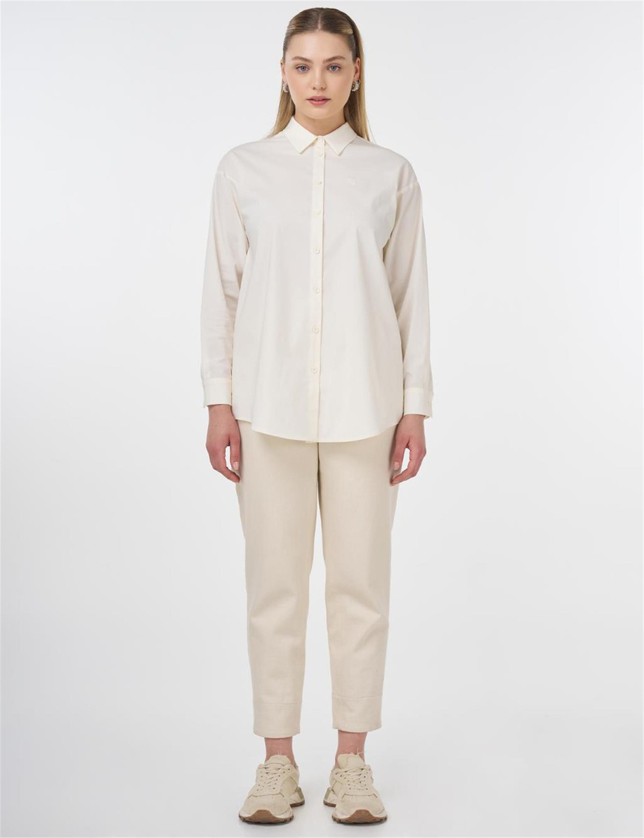 Düğmeli Poplin Gömlek Ekru