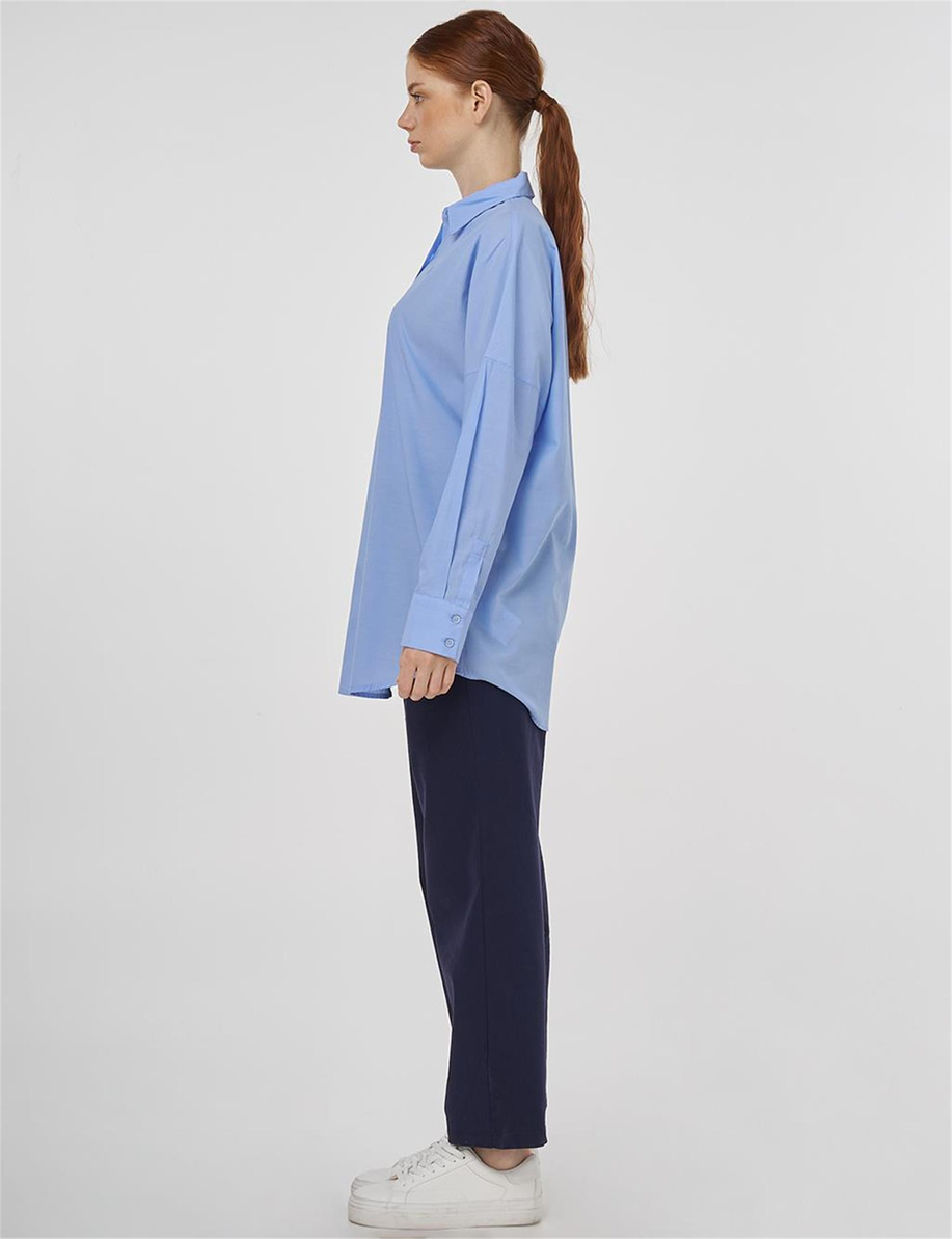 Düşük Omuz Pamuklu Tunik Açık Mavi