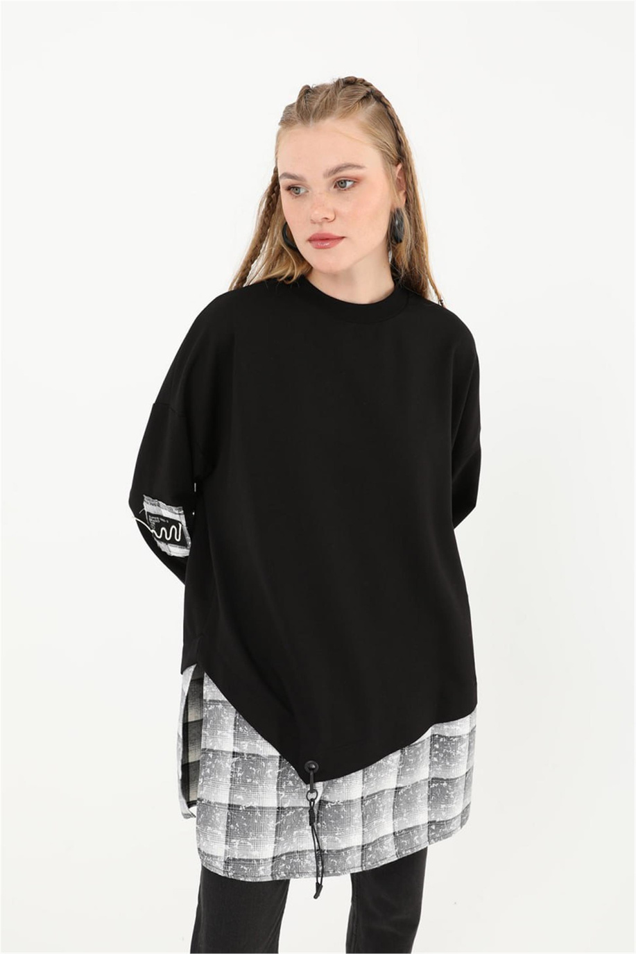 Ekose Detaylı Siyah Tunik