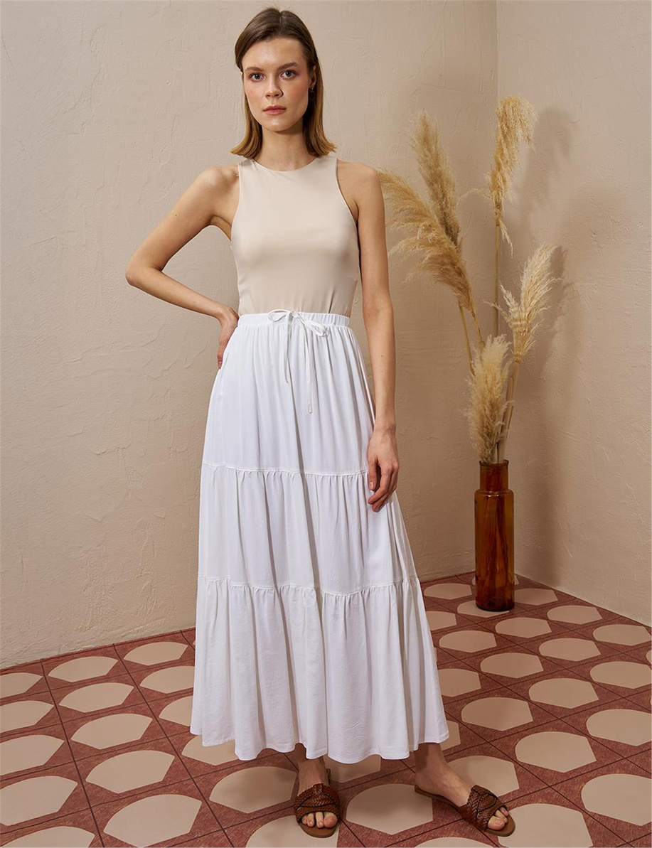 Ekru Kat Yüksek Bel Etek