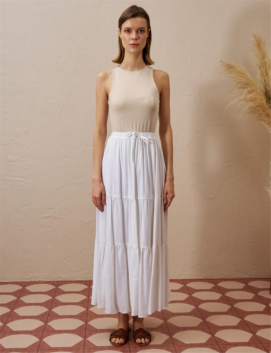 Ekru Kat Yüksek Bel Etek