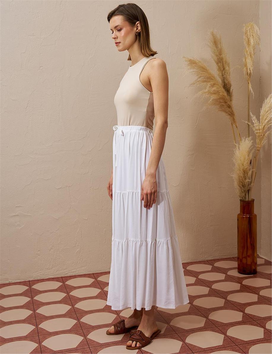 Ekru Kat Yüksek Bel Etek