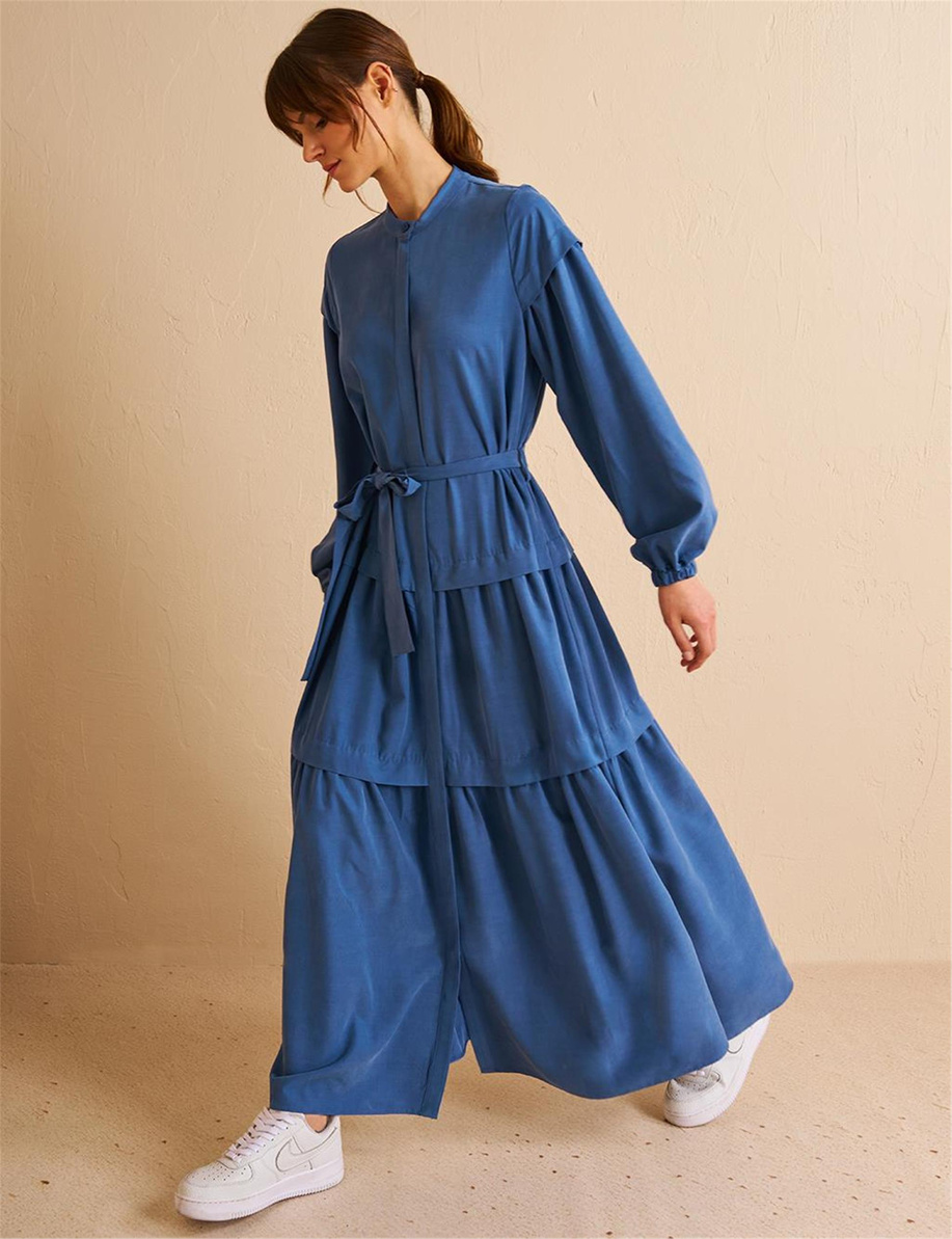 Eteği Katlı Modal Elbise İndigo